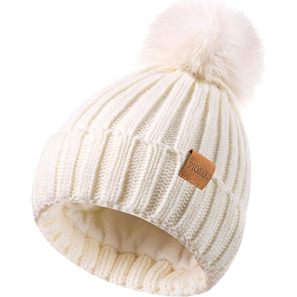 Women\'s Beanie Fleece Lined White Winter Warm Skull Faux Fur Pom Cuff Hat Cap main image 4